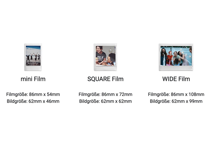 Die Größen der verschiedenen Instax Filme im direkten Vergleich.