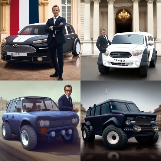 Die von der KI generierten Autos für den französischen Präsidenten Emmanuel Macron.