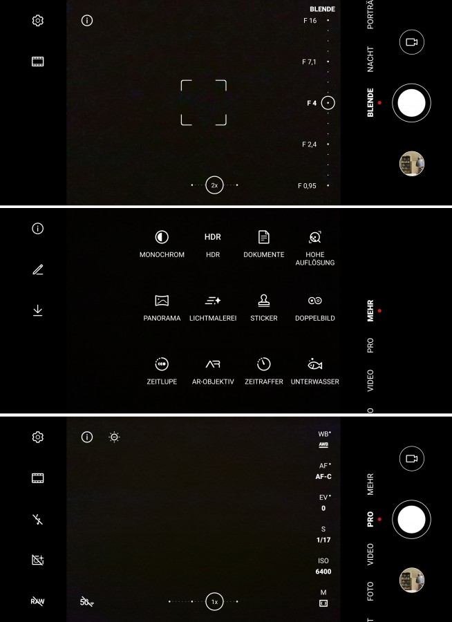 Die Kamera-App des P40 Pro+ bietet verschiedene Modi. Oben: Im Modus "Blende" simuliert die Vorderseitenkamera die Schärfentiefe, "Mehr" ermöglicht unter anderem Aufnahmen mit hoher Auflösung, in "Pro" lässt sich der Raw-Modus aktivieren.