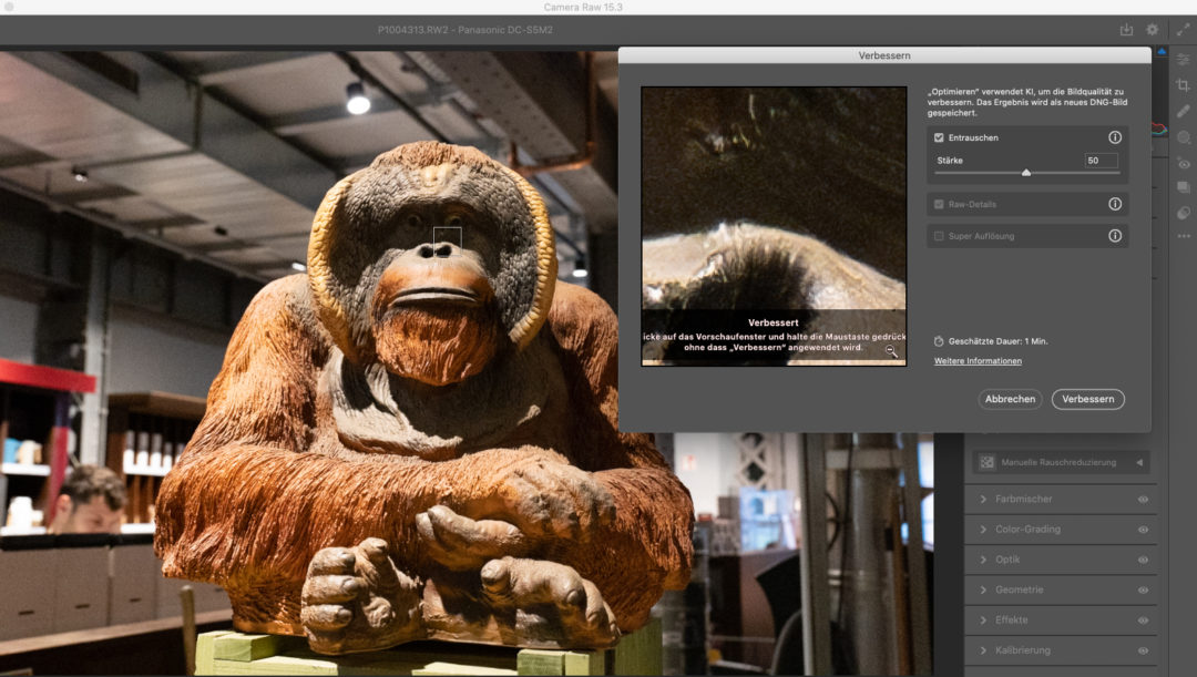 Bei der neuen Funktion "Entrauschen" – hier in Adobe Camera Raw 15.3. – lässt sich die Stärke einstellen.