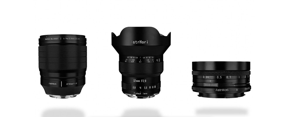 Vol links nach rechts: AstrHori AF 1,8/85 mm, 2,8/12 mm Fisheye, 8/18 mm Shift