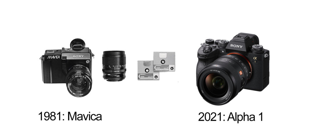 Sony: Die erste Mavica (Protoyp von 1981) und das aktuelle Spitzenmodell Alpha 1.