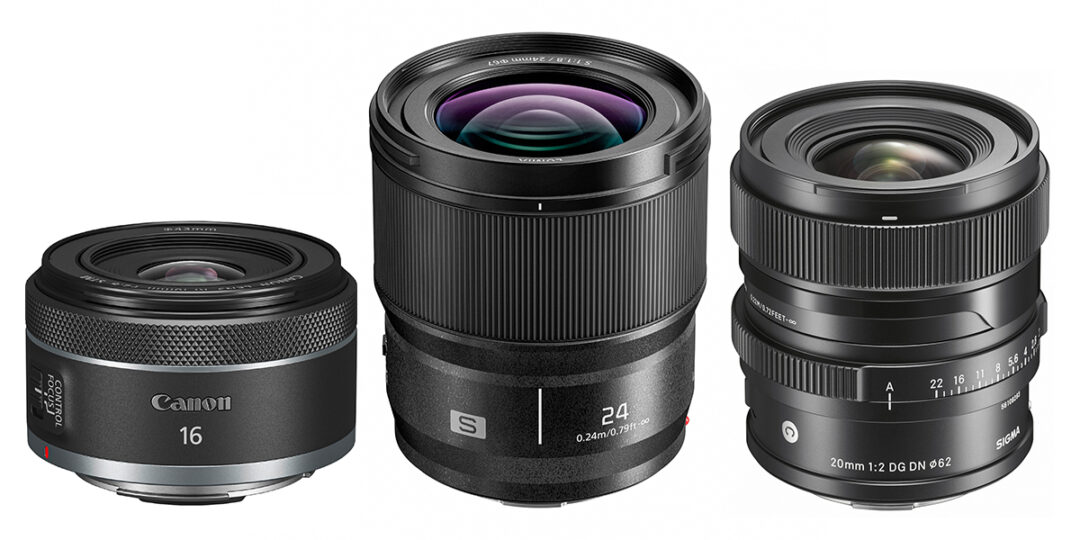 Drei Weitwinkelobjektive für Spiegellose: Canon RF  2,8/16 mm STM, Panasonic Lumix S 1,8/24 mm und Sigma  2/20 mm DG DN  Contemporary