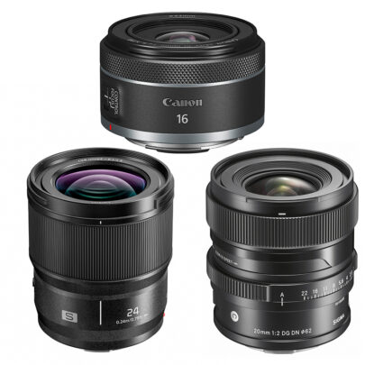Drei Weitwinkelobjektive für Spiegellose: Canon RF  2,8/16 mm STM, Panasonic Lumix S 1,8/24 mm und Sigma  2/20 mm DG DN  Contemporary