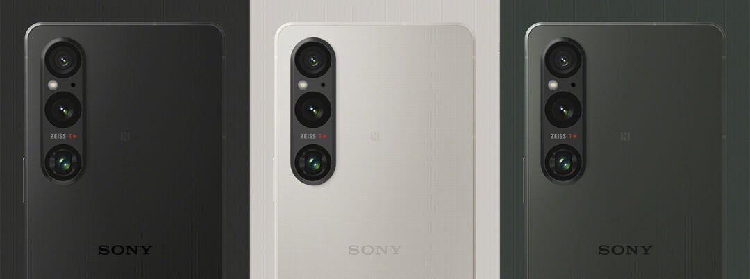 Das Sony Xperia 1 V in den drei Farben Schwarz, Platinsilber und Khakigrün