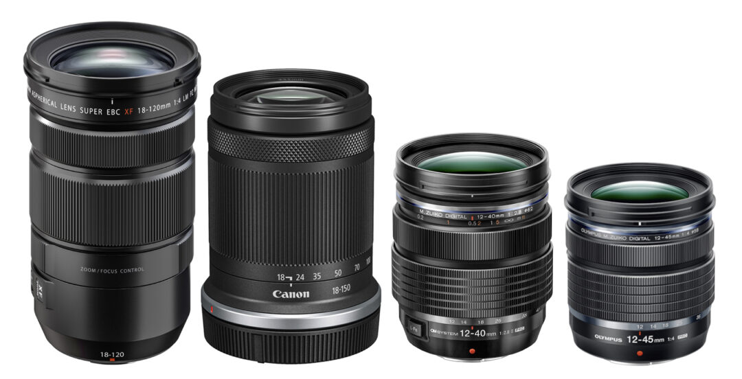 Die Testobjektive: Fujifilm Fujinon XF 4/18-120 mm LM PZ WR, Canon RF-S 3,5-6,3/ 18-150 mm IS STM, OM System M.Zuiko Digital 2,8/ 12-40 mm Pro II und Olympus M.Zuiko Digital ED 4/12-45 mm Pro