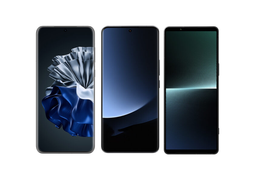 Die Vorderseiten der drei Smartphone von links nach rechts: Huawei P60 Pro, Xiaomi 13 Pro und das etwas schmalere Sony Xperia 1 V.