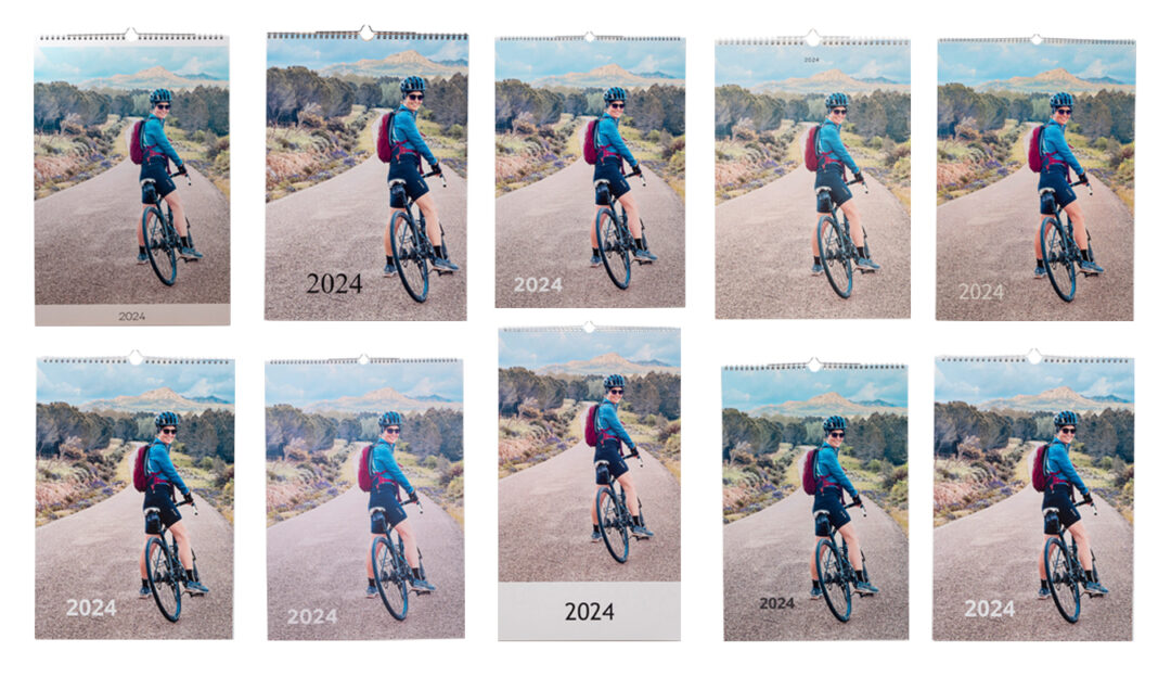 Zehn Kalender im Hochformat mit Fahrradfahrerin für 2024