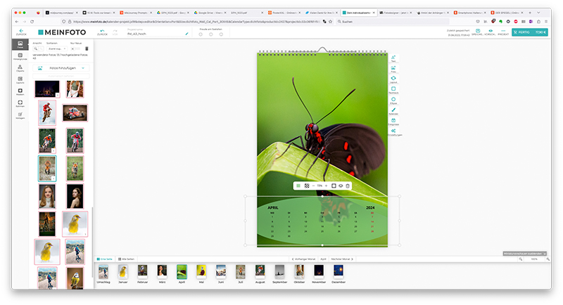 Benutzeroberfläche der Meinfoto-Software zum Gestalten von Kalendern.