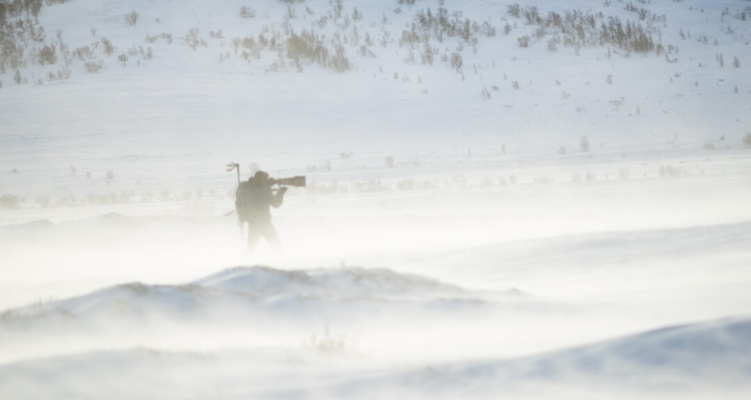 Wildlife-Fotograf in schneeverwehter Landschaft