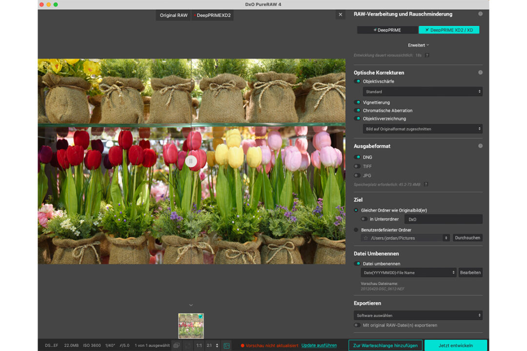 Das Interface von DxO PureRaw 4.